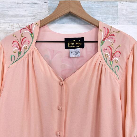 Bob Mackie Silk Floral Embroidered Crepe Blouse Pink Wearable Art Womens Large - Picture 2 of 6